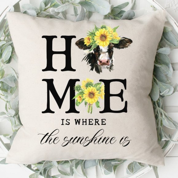 Pillow Cover, Sunflower Cow Home, Indoor/Outdoor - Picture 2 of 3